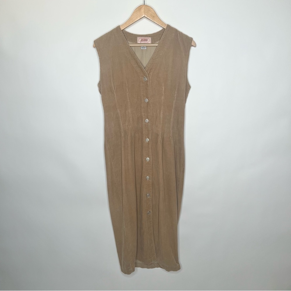 APACHE MAXI DRESS BUTTON DOWN SLEEVELESS SMALL CORDUROY 100% COTTON RIBBED TAN